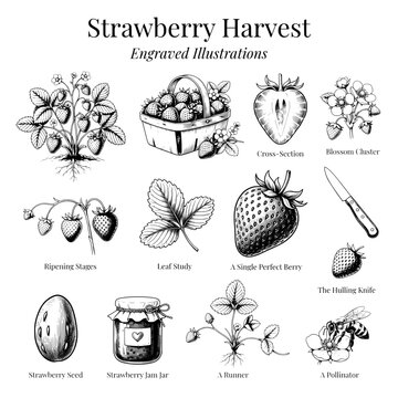 Strawberry harvest engravings showing stages, tools, and products related to strawberries