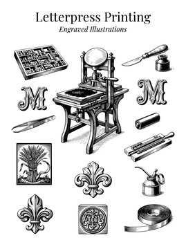 Letterpress printing engraved illustrations showing tools and designs used in vintage printmaking process