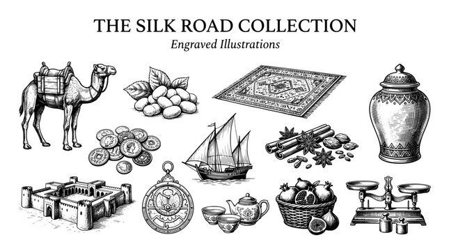 Engraved illustrations depicting various elements of the Silk Road collection including a camel, spices, and a ship