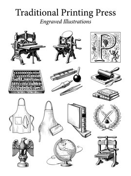 Engraved illustrations of traditional printing press and related tools