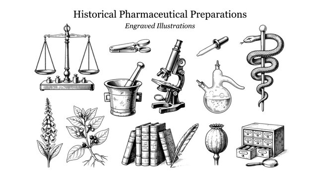 Historical Pharmaceutical Preparations engraved illustrations showcasing tools and plants used in medicine