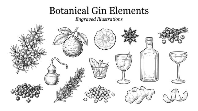 Botanical gin elements with engravings of herbs, fruits, and glasses representing the art of gin making