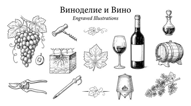 Engraved illustrations of wine and vineyards showcasing various elements of winemaking process
