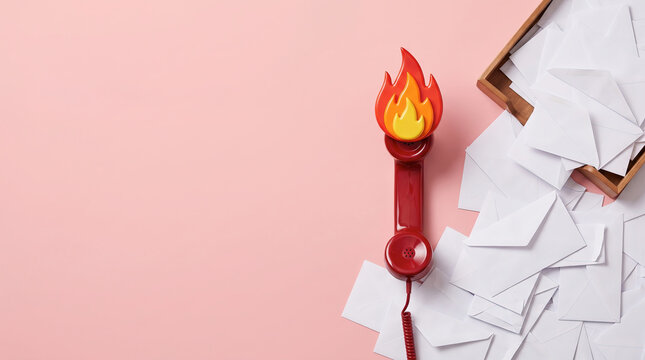 Red Telephone with Fire Symbol and Pile of Mail, Urgent Communication Overload and Crisis Hotline Concept