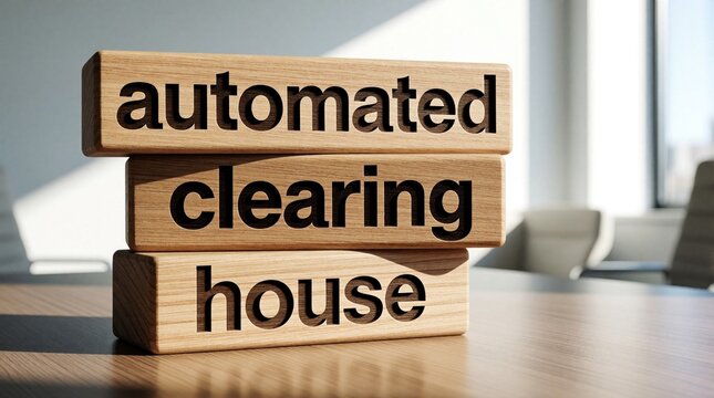 Wooden blocks stacked spell automated clearing house. Concept symbolizes financial transaction processing, business payments, money transfers, and digital banking infrastructure. Modern finance.