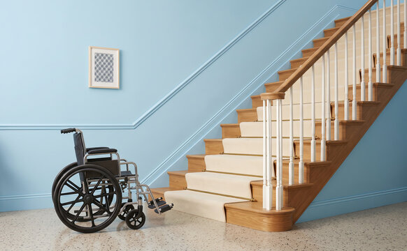 Wheelchair Facing Staircase Barrier, Frustrating Inaccessibility and Accessibility Challenge Concept