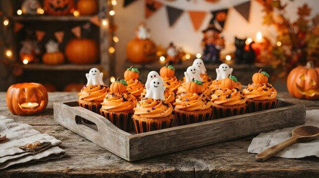 Halloween themed cupcakes with ghost toppers on rustic tray in festive setting