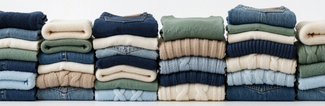 Neatly stacked piles of folded clothes and towels in calm colors. Denim jeans and knitwear sorted by texture and type offer clean home organization.