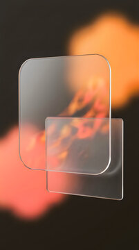 Two overlapping frosted glass rectangles with soft orange and red light bokeh
