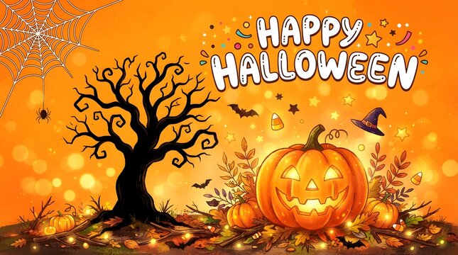 Halloween themed digital illustration with carved pumpkin and spooky tree