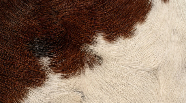 Natural cowhide texture background, brown and white animal fur pattern, rustic leather hide surface close-up
