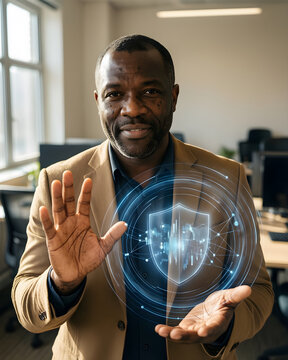 Fictional Black man professional in his mid forties with vitiligo, close-cropped hair and a sand blazer in a sunlit flexible workplace, comparing two well-separated clusters of translucent data