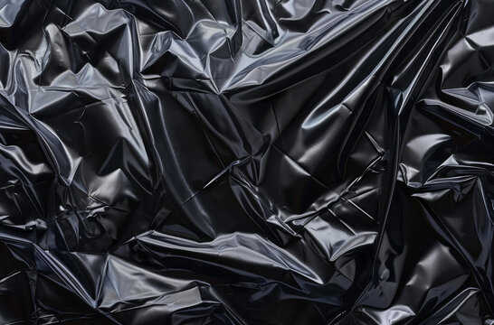 Photo of Crumpled sheet of black polythene plastic wrap. Background texture for backdrops or mapping