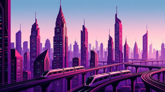 Futuristic cityscape with purple skyscrapers, neon lights. High speed maglev trains move on elevated tracks through urban metropolis. Modern architecture features tall towers, complex viaducts under