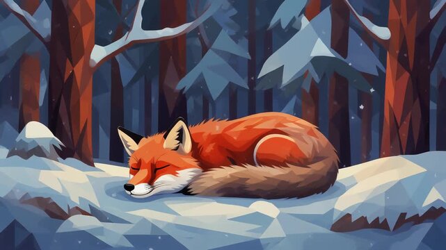 Sleeping Fox in Snowy Forest, Geometric Low Poly Style
