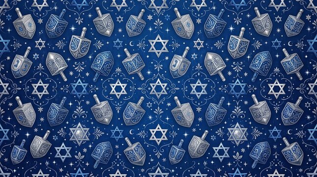 Hanukkah pattern with silver dreidels and Star of David symbols on a blue background.