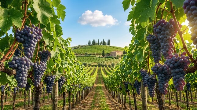 A vineyard featuring Corvina Veronese grapes growing on a vine, a fiber-dense choice