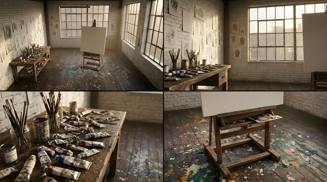 Estudio de arte luminoso con caballete, lienzo en blanco y materiales de pintura bajo luz natural