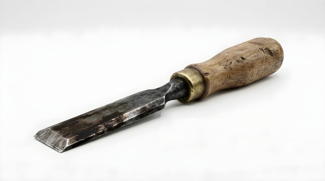 Form&oacute;n de carpintero antiguo con mango de madera sobre fondo blanco aislado