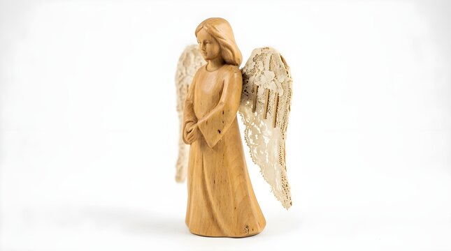 Figura decorativa de &aacute;ngel de madera tallada a mano con alas caladas sobre fondo blanco aislado