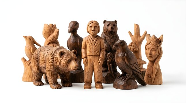 Colecci&oacute;n de esculturas de madera talladas a mano de animales y figuras humanas sobre fondo blanco