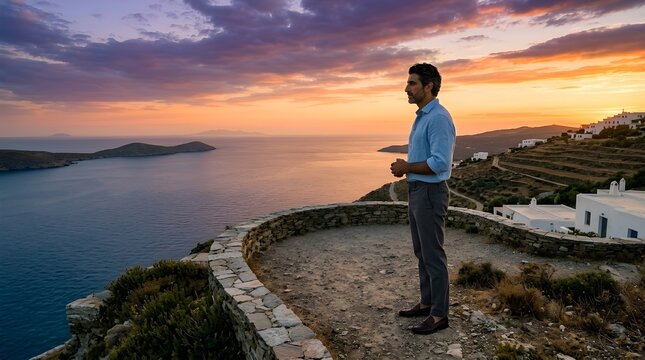 Hombre de pie en un mirador contemplando el mar Mediterr&aacute;neo al atardecer