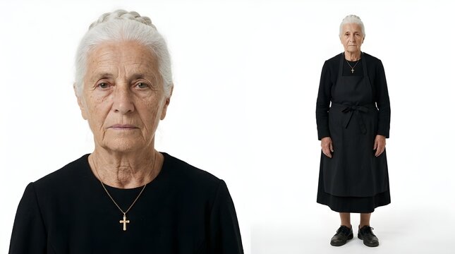 Retrato de anciana vestida con ropa tradicional negra en vista de cuerpo entero y primer plano sobre fondo blanco