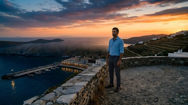 Hombre contemplando un pueblo costero y el mar Mediterr&aacute;neo al atardecer desde un mirador