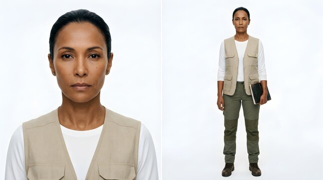 Retrato de mujer exploradora o investigadora con chaleco de campo y libreta en vista de cuerpo entero y primer plano sobre fondo blanco