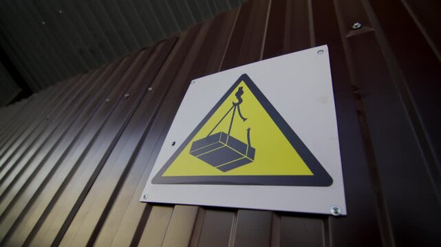 Danger overhead crane load falling hazard risk sign on metal fence low angle shot. Warning for workers at construction site closeup