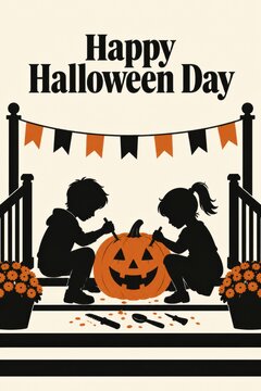 Happy Halloween Day with Children Carving a Jack-o-Lantern on a Porch.