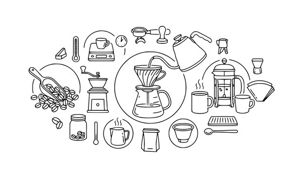 Coffee Brewing Composition Hand Drawn Line Art Barista Equipment Chemex Kettle Frenchpress Vector Illustration Doodle Set