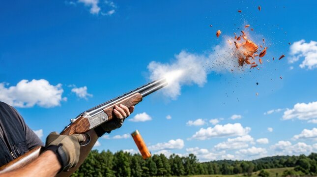 A clay pigeon shattered in midair during a shoot under a sunny blue background