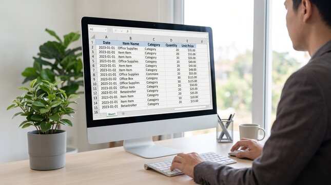 Man working at desktop computer viewing spreadsheet data with columns for date item name category quantity and unit price in bright home office with plant