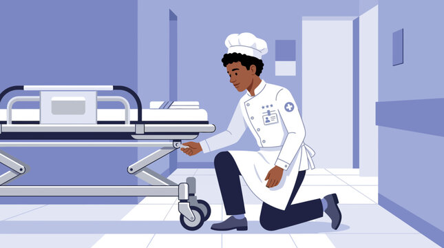 Chef adjusting hospital gurney, medical care, isolated