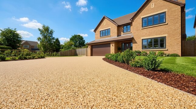 A detached house exterior featuring a newly completed resin driveway installation