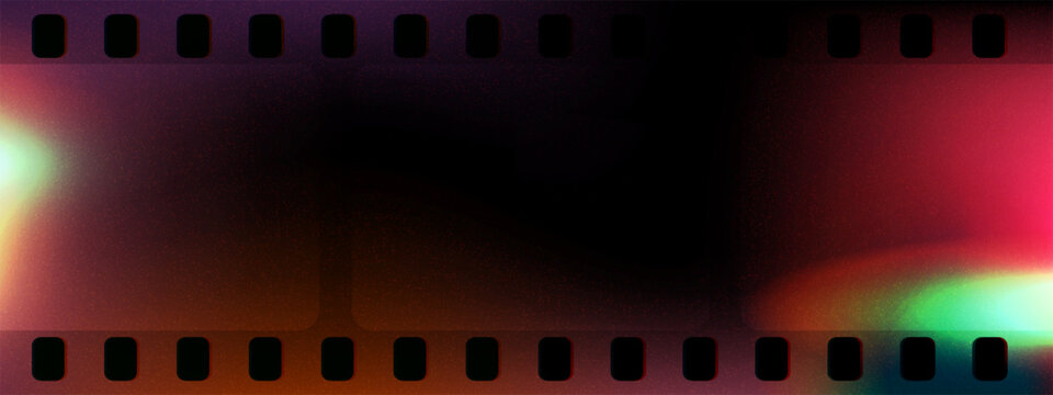 Light grain leak effect film frame. Vintage video tape strip border with sprocket holes and burn gradient. Analog film strip background with overlay effect. Vector illustration. Cinema banner mockup