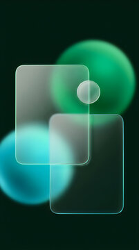 Frosted glass rectangles floating over abstract green and blue glowing orbs