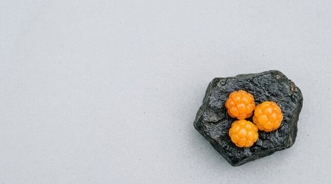 Three Vibrant Ripe Golden Cloudberries Placed On A Sharp Dark Basalt Rock Above Grey Empty Backdrop.