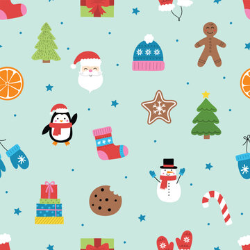 Christmas background. Seamless pattern with hand drawn holiday elements. Vector illustration