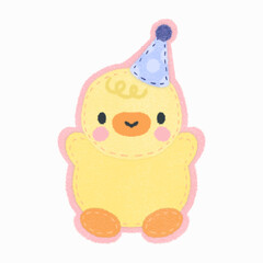 A adorable pastel illustration of a fluffy yellow chick wearing a polka-dot party hat, isolated on a white backdrop. © Risya