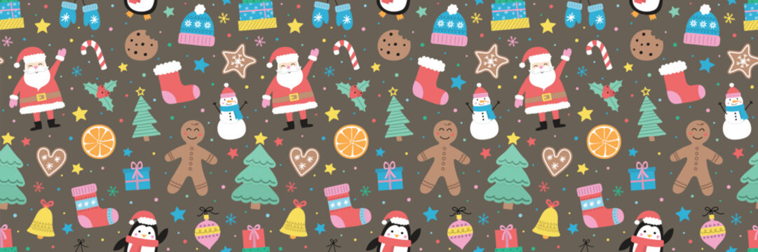 Christmas background. Seamless pattern with hand drawn holiday elements. Vector illustration