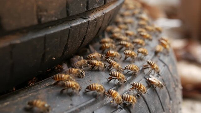 Close-up shot of wild bees adapting to city life, nesting inside a discarded rubber tire. Concept of urban wildlife, insect behavior, and environmental adaptation.