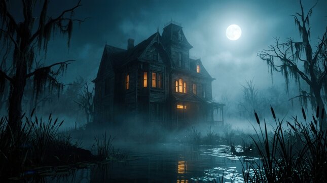 Full moon night sky over a mystical swamp scene with a creepy glowing mansion