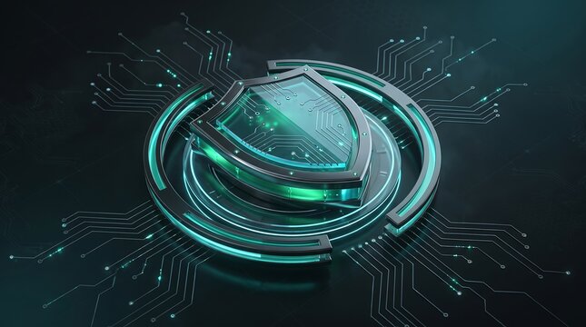 Futuristic metallic shield logo integrated with glowing green circuit board patterns on dark background representing high end cybersecurity hardware and advanced data protection tech