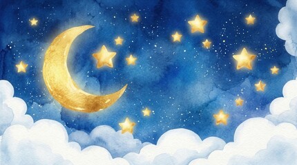 Naklejka premium Golden stars, a crescent moon, and white clouds on a blue illustrated dreamy lullaby background.