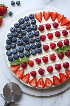 Pastel festivo patri&oacute;tico decorado con dise&ntilde;o de bandera estadounidense de bayas frescas, ar&aacute;ndanos y fresas