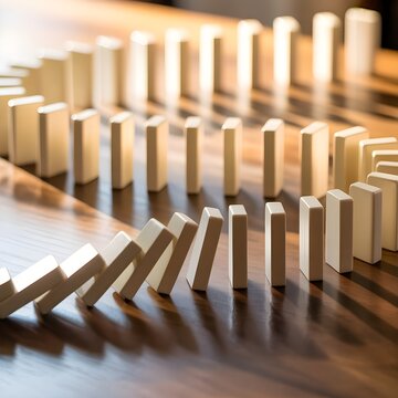 Efecto domin&oacute; con piezas blancas alineadas sobre mesa de madera
