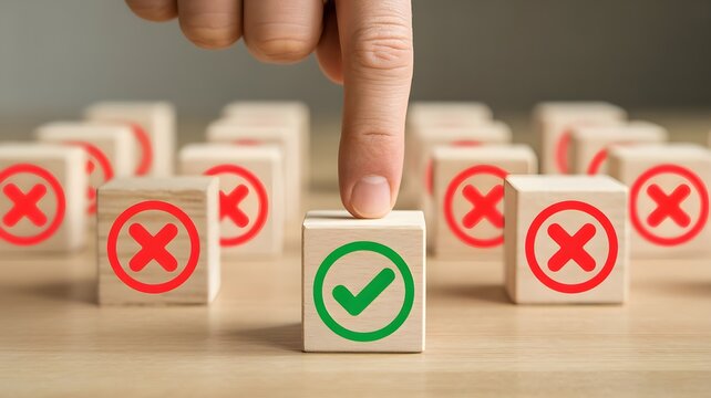 Persona eligiendo el bloque de madera correcto con marca de verificaci&oacute;n verde entre cubos con s&iacute;mbolos de error rojos