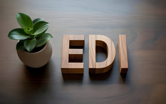 Palabra EDI de madera junto a una peque&ntilde;a planta en maceta sobre mesa de madera